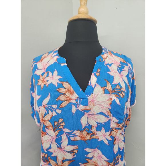 Signature Studio tropical Print Blouse Blue Pink Cap Sleeve Size 2X - Picture 2 of 9